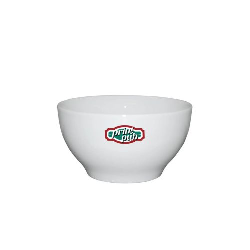 Bowl wit porselein 13,5 cm bedrukt met meerkleurig PrintPub-logo zichtbaar op het voorvlak.