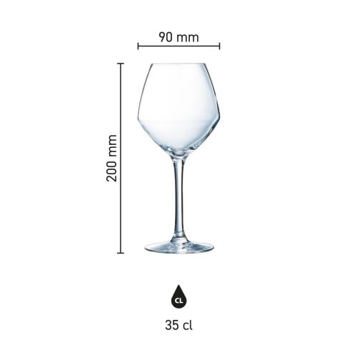 Infographic met afmetingen van het Cabernet young wijnglas 35 cl in glasformaat.