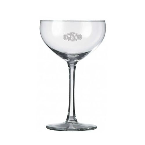 Transparant champagneglas 24 cl. met fijn gegraveerd PrintPub-logo zichtbaar op de voorkant.