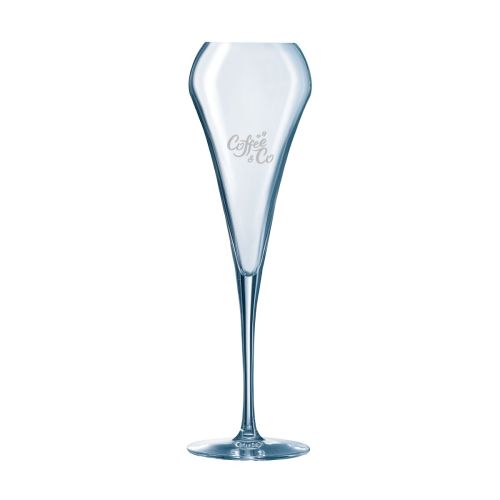 Vooraanzicht champagneglas 20 cl met éénkleurig logo CoffeeCo centraal op kelk, Chef & Sommelier Open Up.