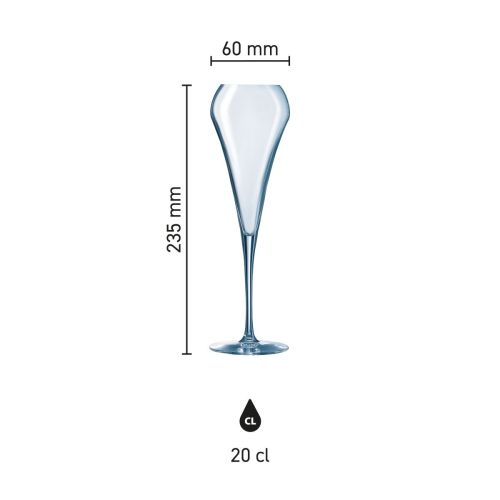 Infographic met productafmetingen van Chef & Sommelier Open Up champagneglas 20 cl, hoogte en diameter gemarkeerd.