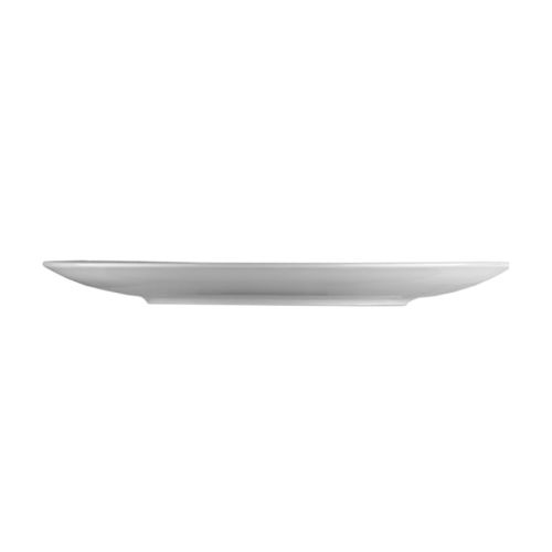 Zijaanzicht van het porseleinen bord Isabelle 27 cm met subtiel oplopende rand en glad oppervlak.
