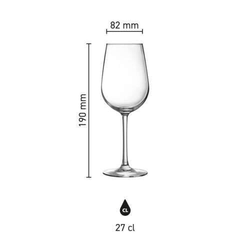 Infographic met productafmetingen van Domaine wijnglas 27 cl. glas, inclusief hoogte en diameter.