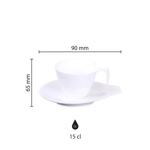Infographic toont productafmetingen van Dream kop en schotel 15 cl in porselein, met diameter en hoogte.