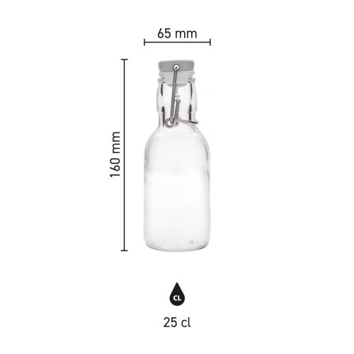 Infographic met hoogte en diameter van de glazen Emilia fles 0,25 liter met beugelsluiting.