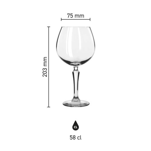 Maatvoering van het gin tonicglas Spksy 58 cl. met hoogte, diameter en inhoud in infographic