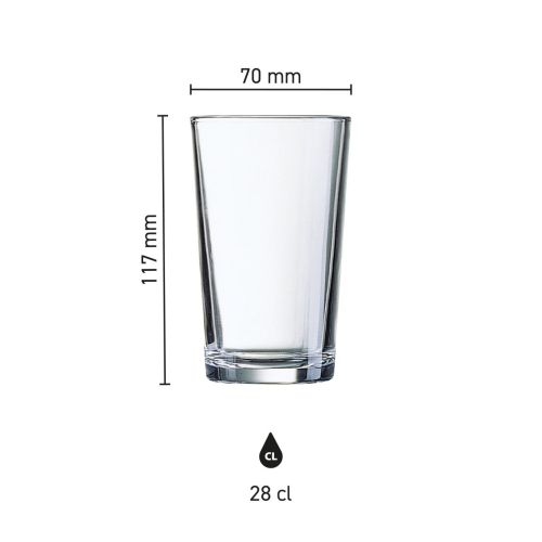 Infographic met productafmetingen van Glas Conique 28 cl. toont hoogte, diameter en inhoud.