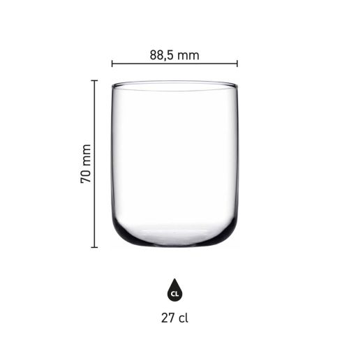 Infographic van Iconic Tumbler 27 cl. glas met maatlijnen en afmetingen overzichtelijk weergegeven.