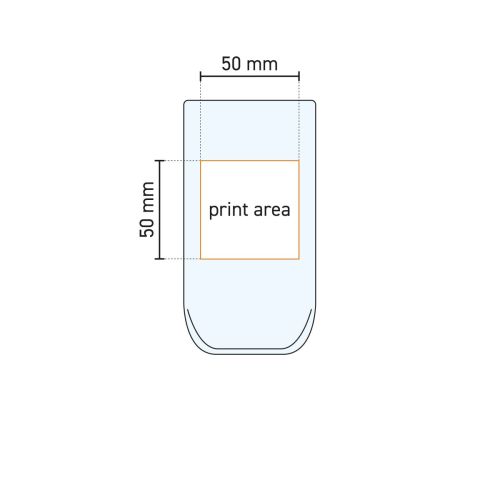 Technische werktekening van Iconic Tumbler 36,5 cl. met aanduiding van het drukgebied voor logo’s.