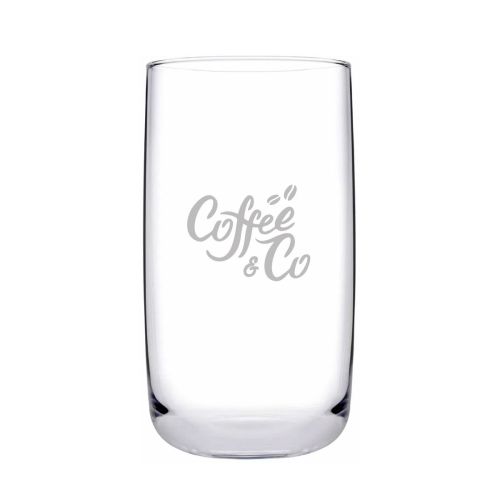 Gegraveerd CoffeeCo-logo op het vooraanzicht van een glazen Iconic Tumbler 36,5 cl.