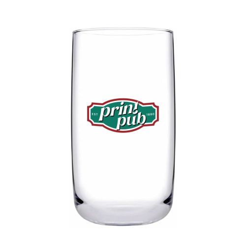 Voorzijde van glas tumbler 36,5 cl. bedrukt met CorkColor-logo in meerdere kleuren.