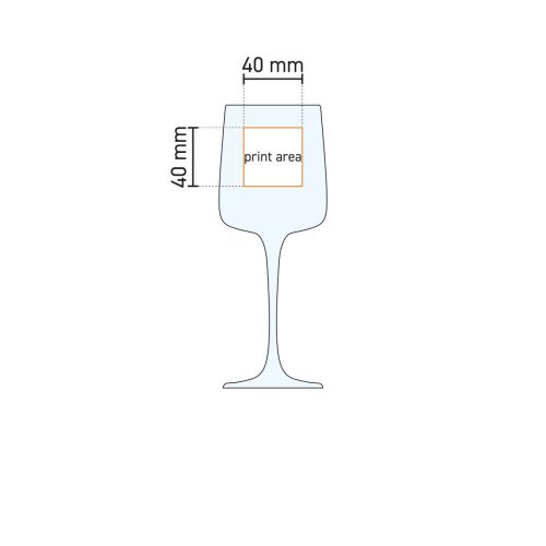 Technische werktekening van het 27 cl Iconic wijnglas met gemarkeerde zones voor bedrukking of gravure