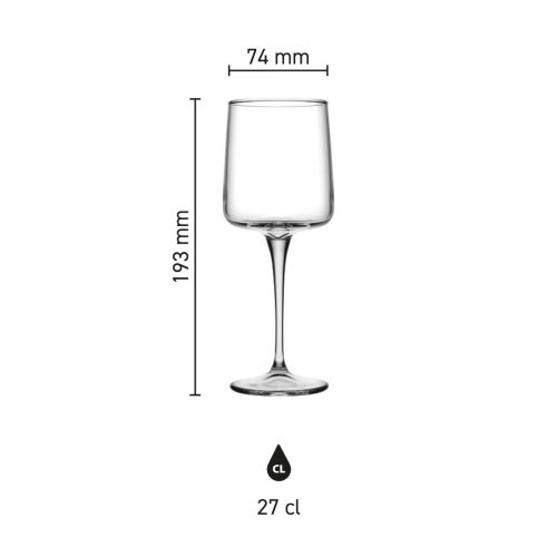 Infografiek toont de afmetingen van het Iconic wijnglas 27 cl in glas, inclusief hoogte en diameter.