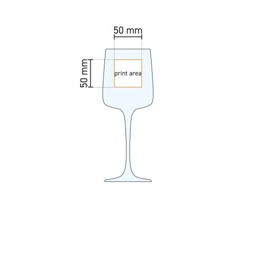 Technische werktekening toont het drukgebied op een Iconic wijnglas van 43 cl. glas.