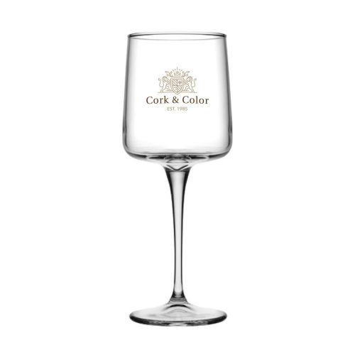 Voorzijde van het wijnglas bedrukt met een meerkleurig CorkColor-logo, type Iconic 43 cl.