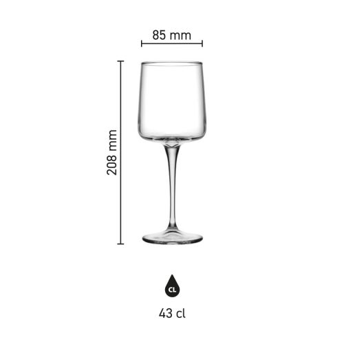 Overzicht van hoogte, diameter en inhoud in infographic van Iconic wijnglas 43 cl. glas.