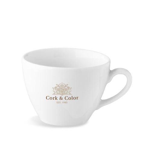 Isabelle cappuccinokop 22 cl. van porselein met meerkleurig CorkColor-logo op het voorpaneel