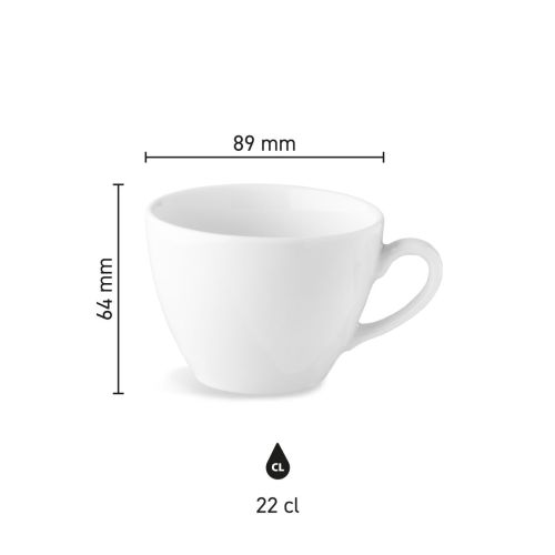 Maatvoering van de Isabelle cappuccino kop 22 cl. van porselein met hoogte, diameter en inhoud in infographic