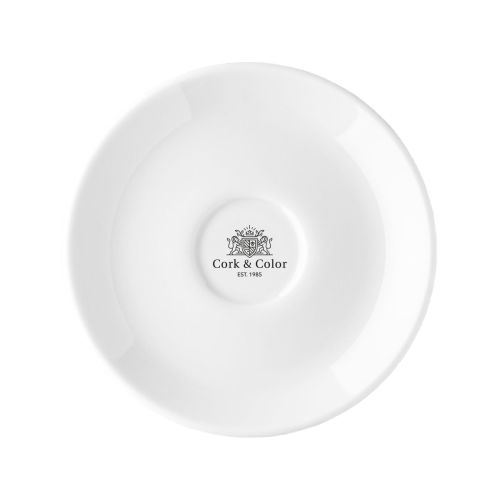 Isabelle Cappuccino Schotel 16 cm porselein met eenkleurig CorkColor-logo op de schotel