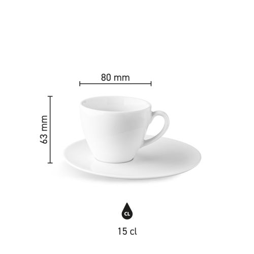 Maatvoering van de Isabelle Koffie 15 cl set porselein met hoogte, diameter en inhoud in infographic