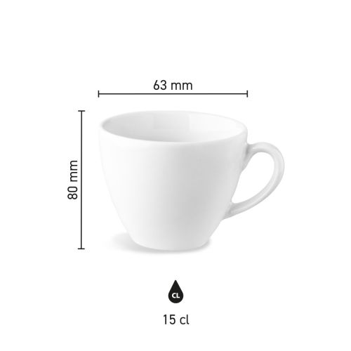 Maatvoering van de Isabelle koffie kop 15 cl. porselein met hoogte, diameter en inhoud in infographic