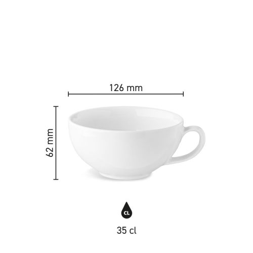 Maatvoering van de Isabelle koffie verkeerd kop 35 cl/ porselein met hoogte, diameter en inhoud in infographic