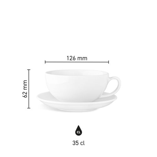 Maatvoering van de Isabelle Latte 35 cl set porselein met hoogte, diameter en inhoud in infographic