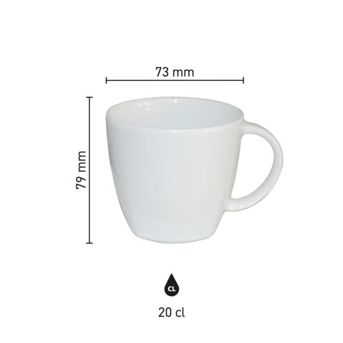 Maatvoering van de Kirsten koffiekop 20 cl wit porselein met hoogte, diameter en inhoud in infographic
