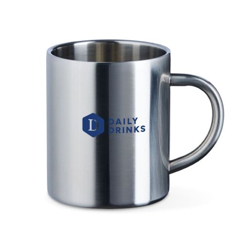 Enkelkleurig DailyDrinks-logo gedrukt op de voorzijde van de Kitty RVS mok met metallic ondergrond.