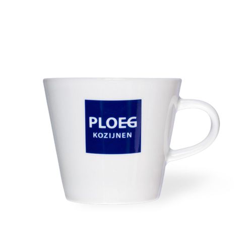 Koffiekop wit Neo Budgetline 19 cl. porselein met logo van Ploeg kozijnen in 1 kleur op vooraanzicht.