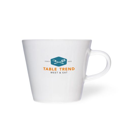 Witte koffiekop Neo Budgetline 19 cl. met meerkleurig TableTrend-logo op het vooraanzicht, porseleinen uitvoering.
