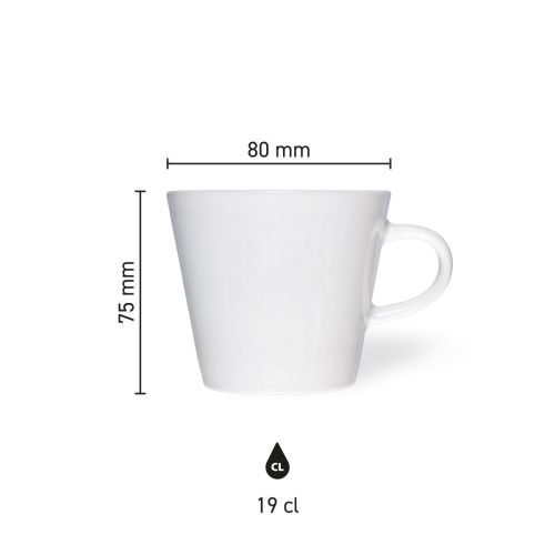 Infographic met afmetingen van porseleinen koffiekop Neo Budgetline 19 cl, inclusief diameter en hoogte.
