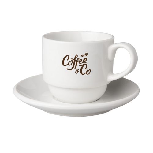 Voorzijde van Budgetline Breed kop en schotel wit 20 cl porselein met CoffeeCo logo in éénkleurige bedrukking.