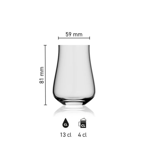 Maatvoering van het Lauren tasting glas 13 cl met hoogte, diameter en inhoud in infographic