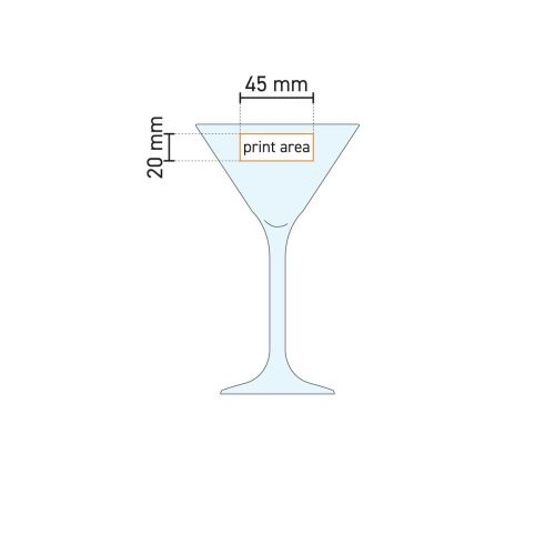Technische werktekening met aanduiding van het drukgebied op het martini cocktailglas 21 cl.