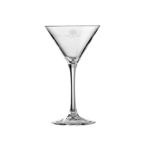 Martini cocktailglas van 21 cl met fijn gegraveerd CorkColor-logo zichtbaar op de voorkant.