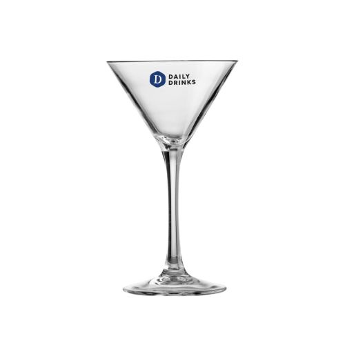 Transparant martiniglas van 21 cl met meerkleurig DailyDrinks-logo op de voorzijde gedrukt.