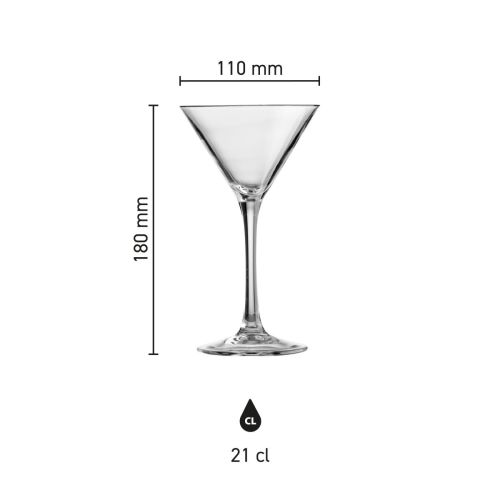 Infographic toont hoogte en diameter van het martini cocktailglas 21 cl. in glas.