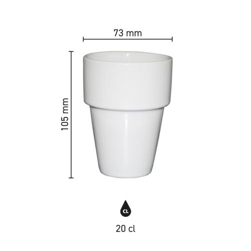 Maatvoering van de Melkbeker wit 20 cl porselein met hoogte, diameter en inhoud in infographic