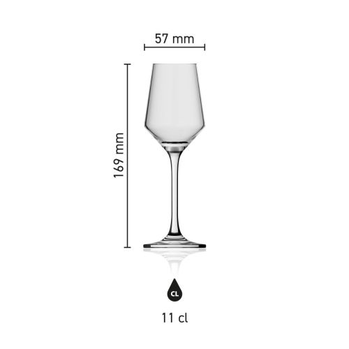 Infographic met afmetingen van Melody likeurglas 11 cl, inclusief hoogte en diameter in millimeters.
