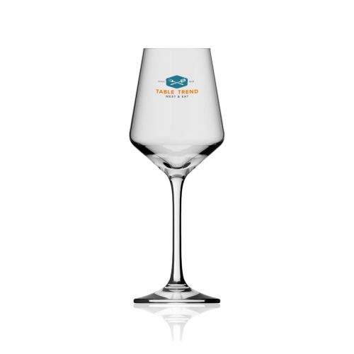 Voorzijde van Melody proefwijnglas 23 cl. bedrukt met meerkleurig TableTrend-logo op helder glas.