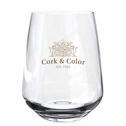 Glazen whiskyglas Mencia 47 cl. met meerkleurig CorkColor-logo op de voorzijde aangebracht.