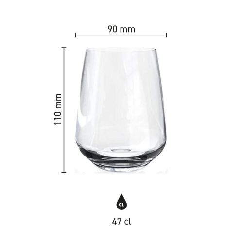 Infographic toont hoogte en diameter van het Mencia whiskyglas 47 cl met glasdetails.