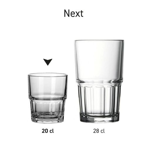 Overzicht van meerdere Next drinkglazen uit dezelfde serie, uniform gerangschikt.