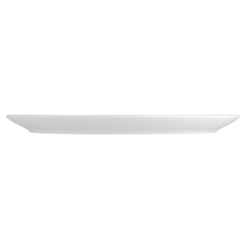 Zijkant van het porseleinen pizzabord Isabelle 34 cm met lage, licht opstaande rand en glad profiel.