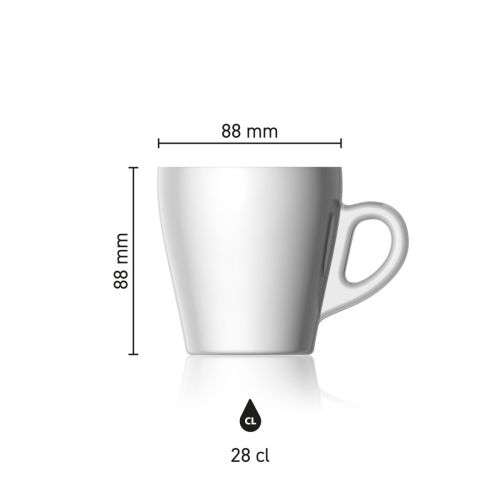 Maatvoering van de Pura Cappuccino Kop 28 cl. van glas met hoogte, diameter en inhoud in infographic