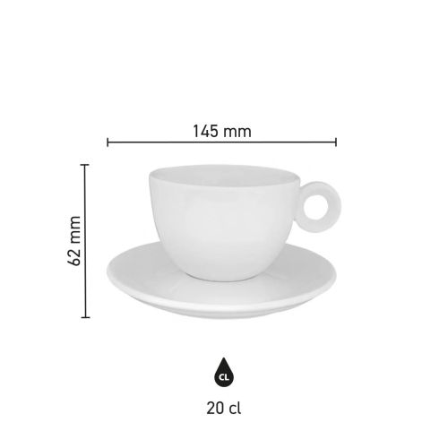 Gedetailleerde infographic met afmetingen van kop en schotel van de Rondo Cappuccino 20 cl. set.