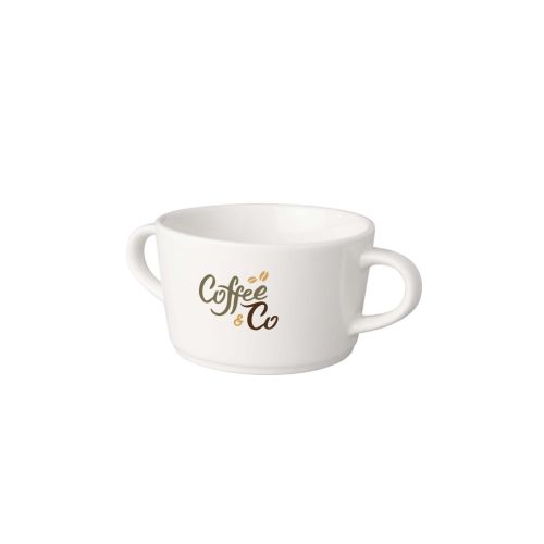 Vooraanzicht van Budgetline Neo soepkop 30 cl porselein met CoffeeCo-logo in meerdere kleuren.