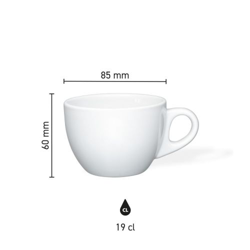 Infographic toont hoogte en diameter van de Style Cappuccino kop 19 cl. porselein.