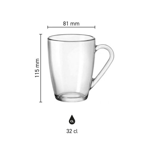 Infographic toont productafmetingen van theeglas 32 cl. zoals hoogte, diameter en inhoud.